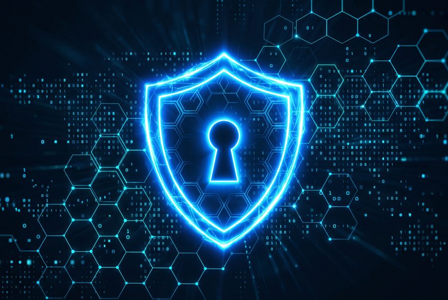 Glowing blue shield with keyhole on hexagonal grid, cyber security concept