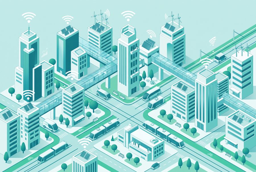 Isometric smart city with solar panels, wind turbines and connected buildings