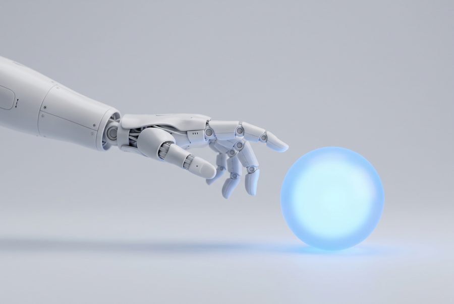 White robotic hand reaching for glowing sphere, automation and AI concept