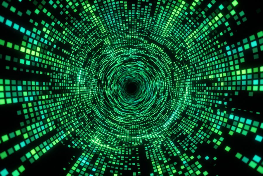 Abstract digital tunnel of glowing green pixels, technology background
