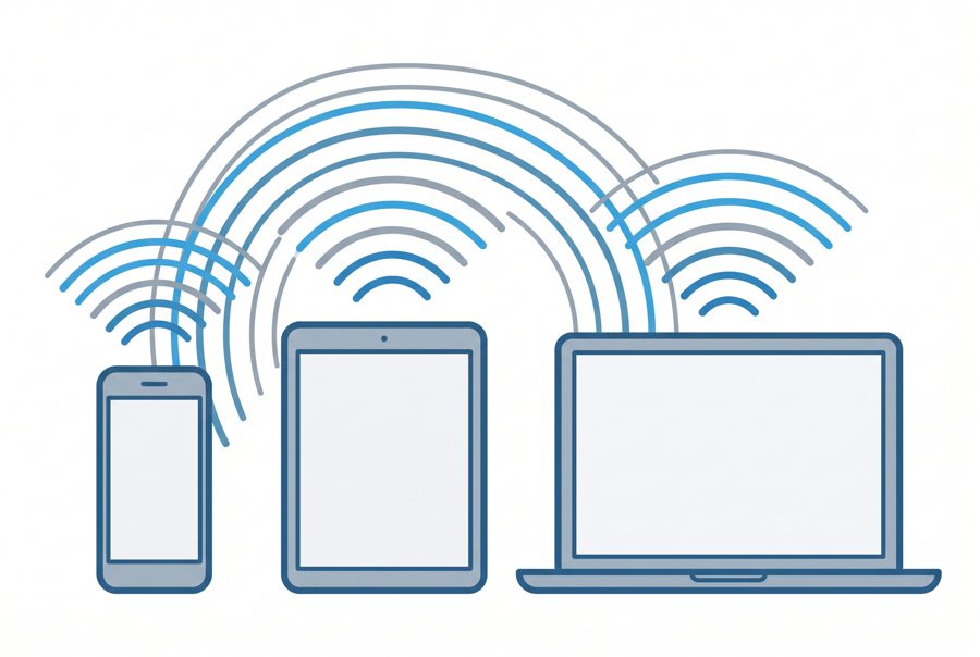 Smartphone, tablet and laptop connected by wireless signal waves, flat illustration