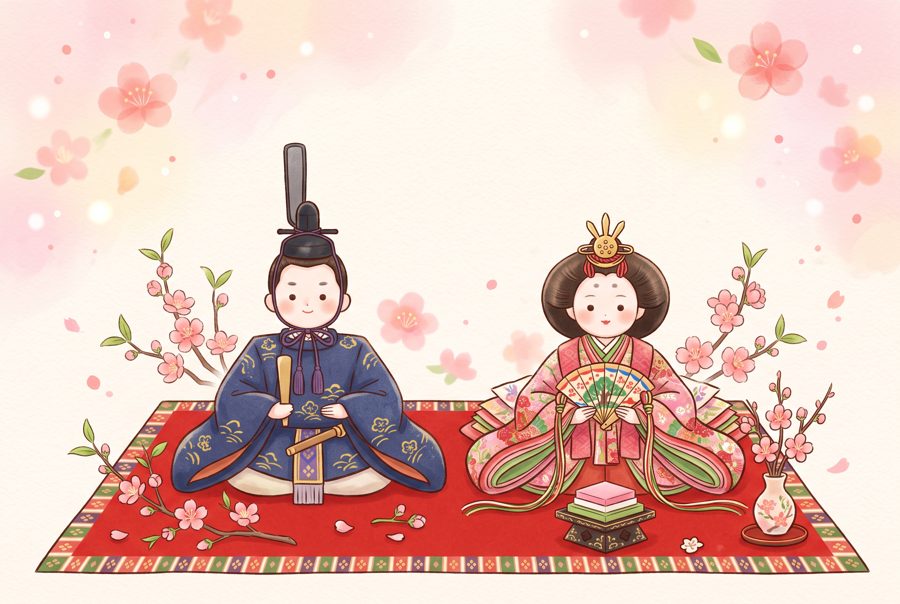 Japanese Hinamatsuri doll pair with peach blossoms, Girls' Day illustration
