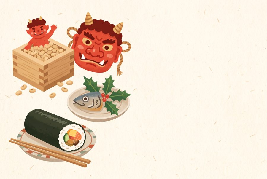 Japanese Setsubun illustration with soybeans, red demon mask, holly and sushi roll