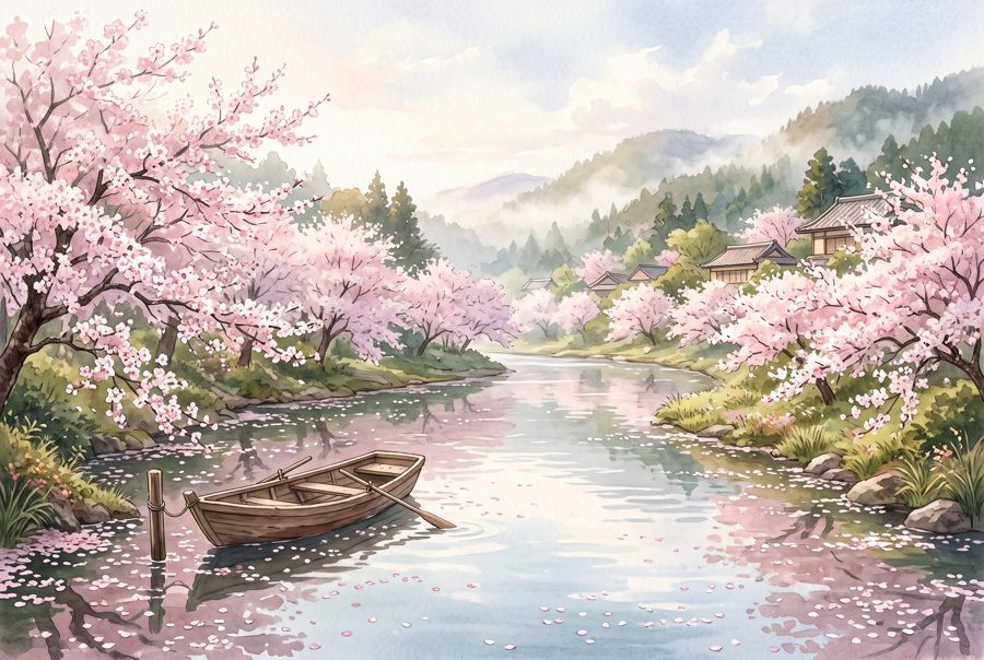 Calm river lined with cherry blossom trees and floating petals, Japanese spring scenery