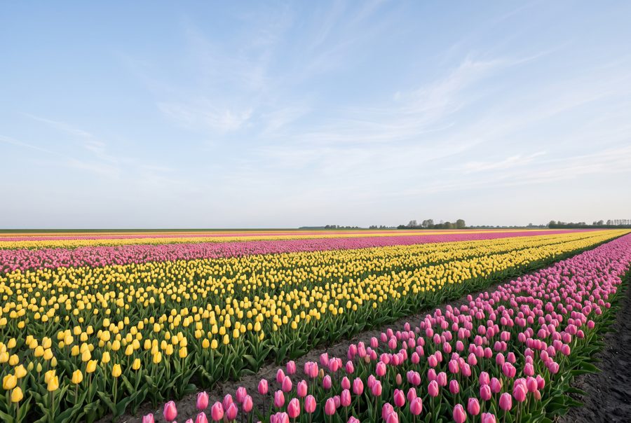 Pink and yellow tulip field under pale blue sky, minimal spring landscape