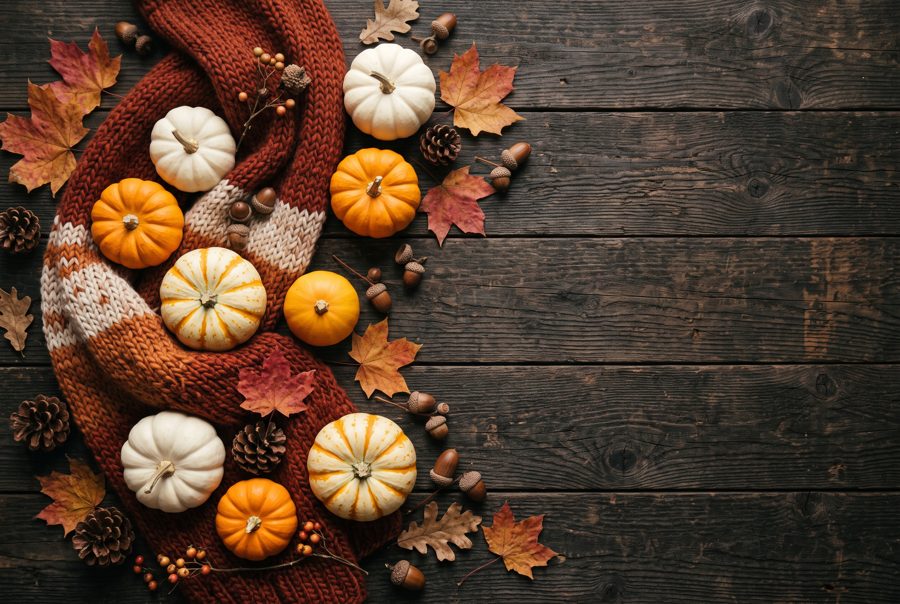 Autumn flat lay with small pumpkins, maple leaves, acorns and knitted scarf on dark wood