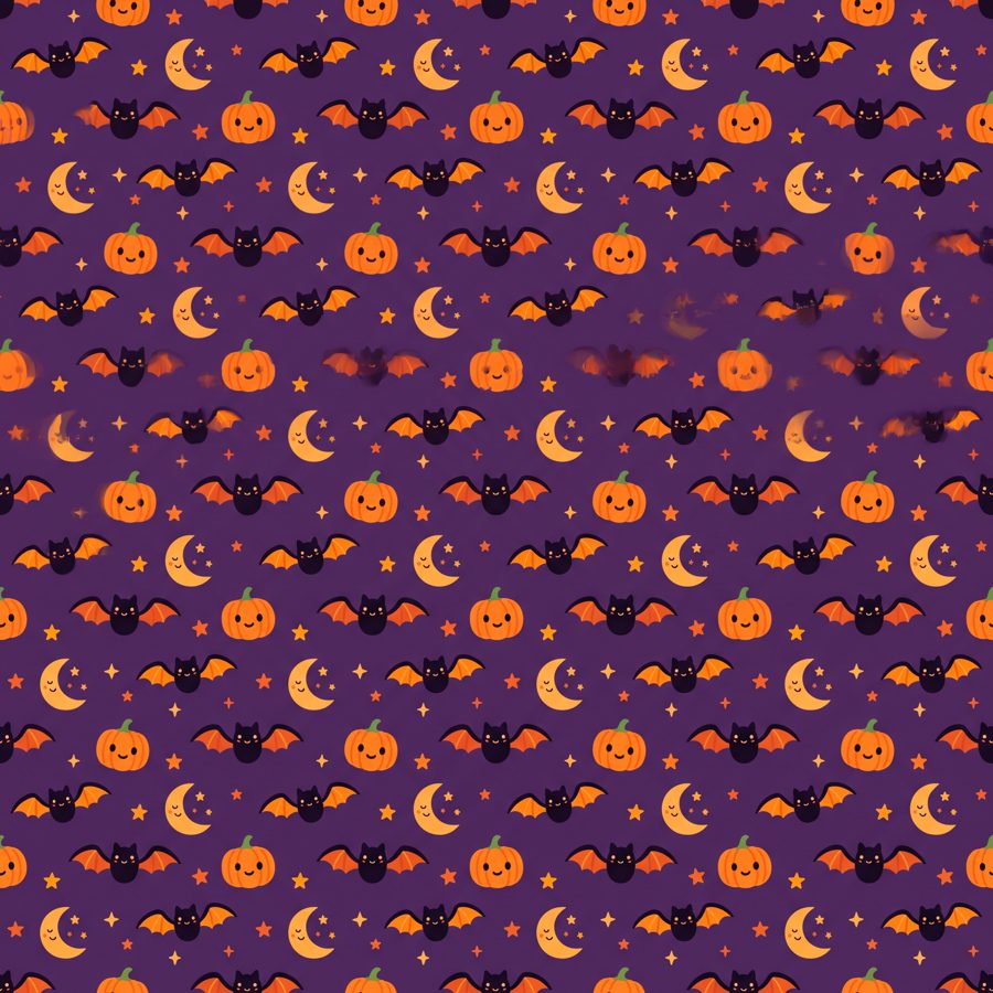 Seamless cute Halloween pattern with bats, moons and pumpkins on purple