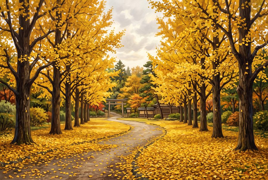 Golden ginkgo tree avenue in autumn with fallen yellow leaves