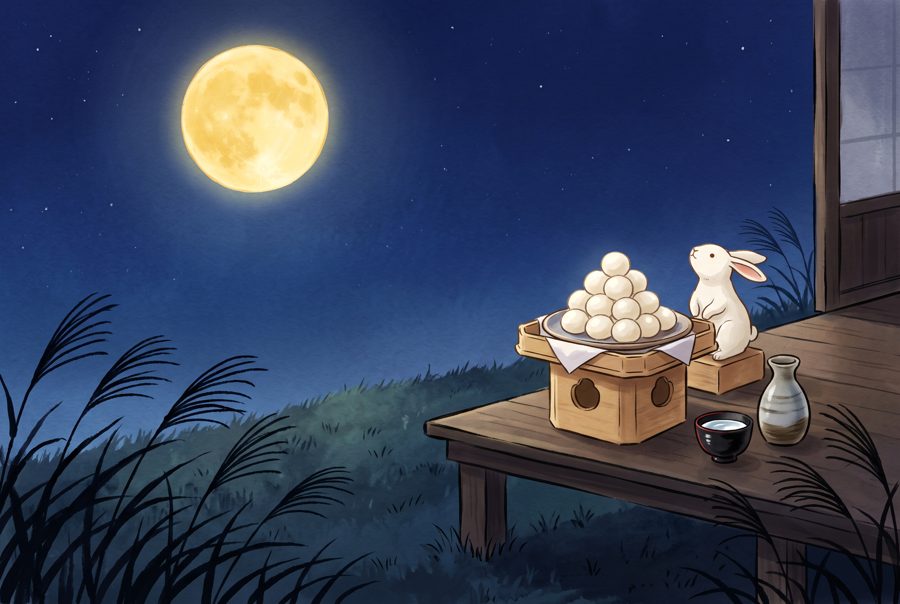 Japanese moon viewing illustration with full moon, pampas grass, dango and rabbit
