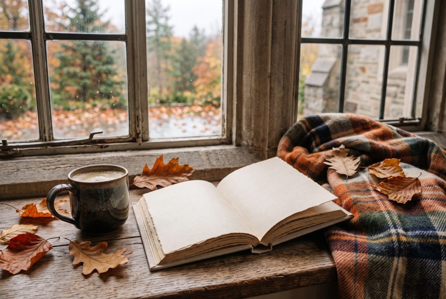 Cozy autumn still life with coffee, open book and plaid blanket on windowsill