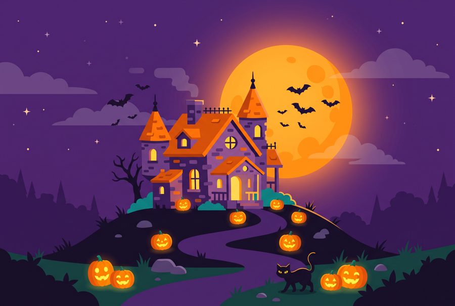 Friendly haunted house on hill under orange moon with bats and pumpkins, Halloween