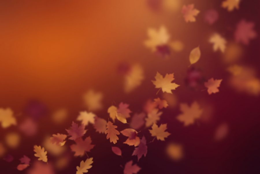 Abstract warm autumn gradient background with blurred drifting leaf shapes