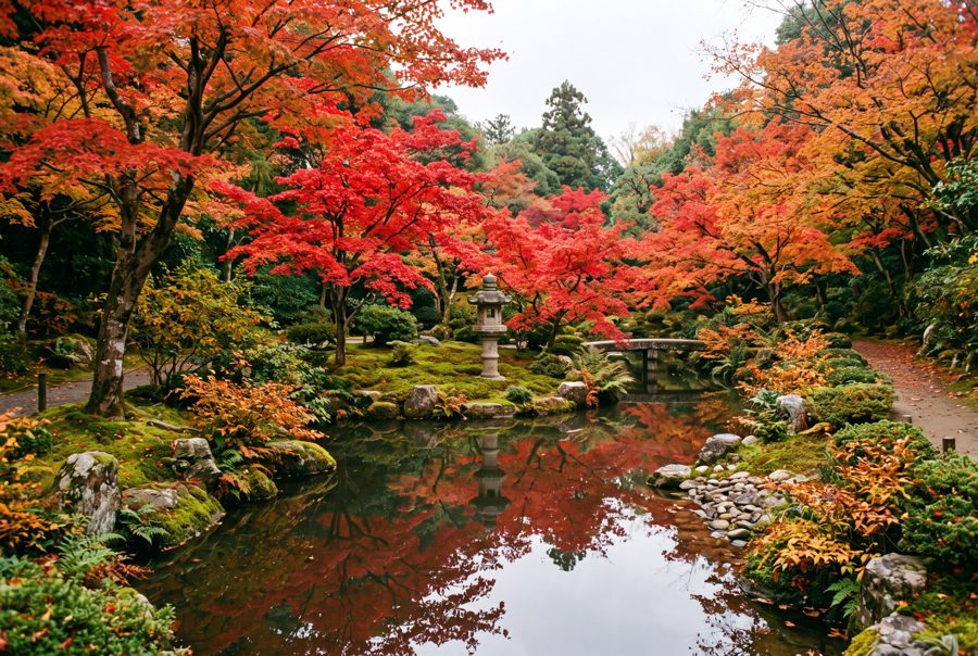 Japanese garden in autumn with red maples, stone lantern and reflecting pond