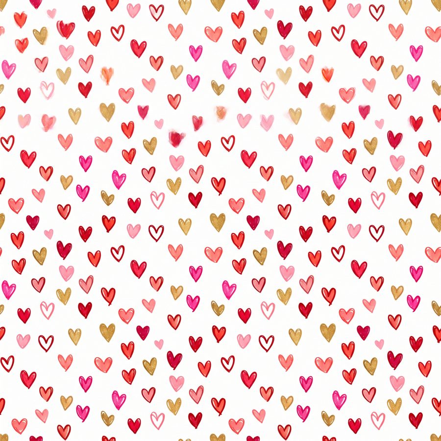 Seamless hand-drawn hearts pattern in red, pink and gold on white