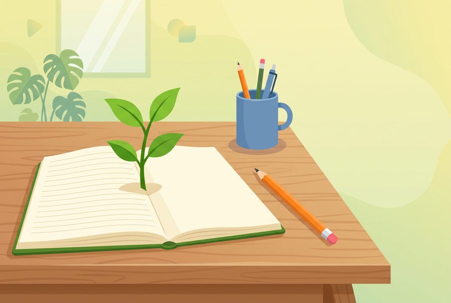 Green sprout growing from open notebook, new beginnings and learning concept