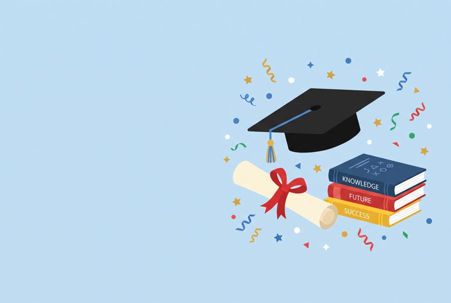 Graduation cap, diploma with red ribbon and books on blue, graduation celebration