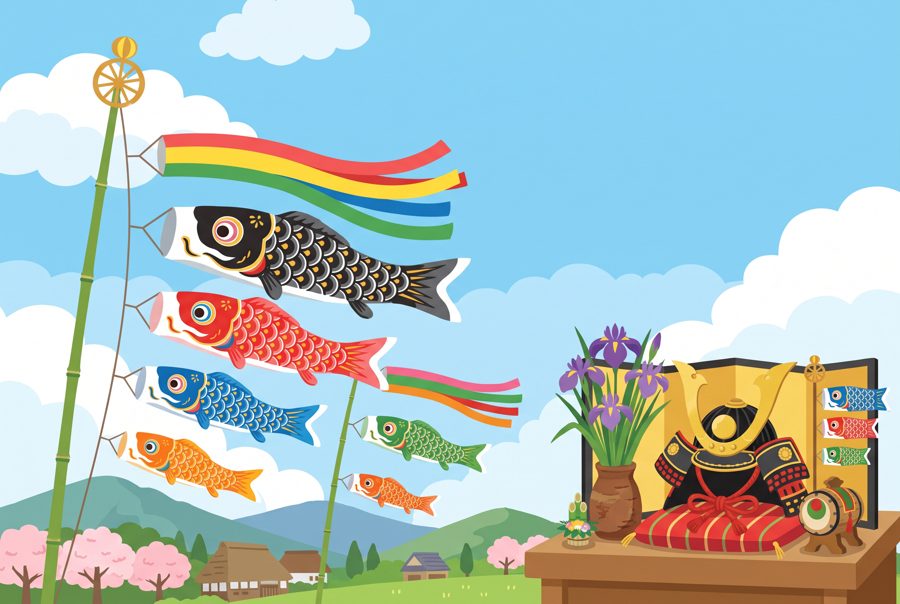 Colorful koinobori carp streamers in blue sky with iris flowers, Japanese Children's Day