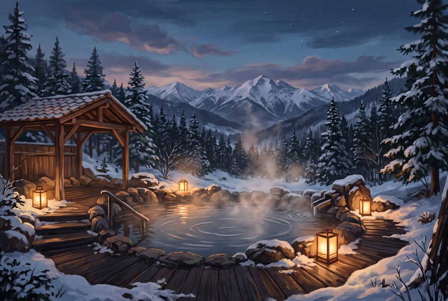 Outdoor hot spring with rising steam among snowy mountains and pines at dusk