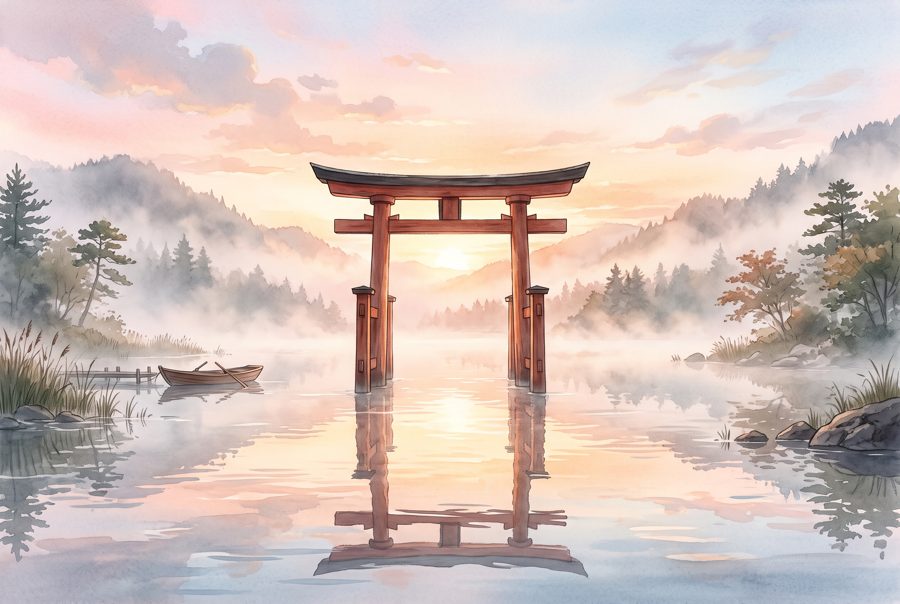 Vermilion torii gate in misty lake at sunrise with soft reflections
