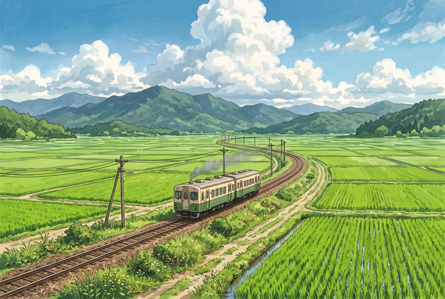 Local train passing through green rice fields under summer sky with cumulus clouds