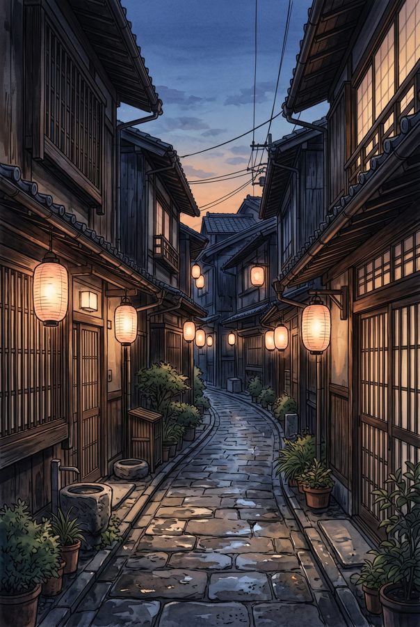 Traditional Japanese townhouse alley at dusk with glowing paper lanterns, vertical