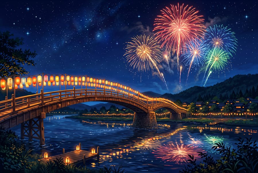 Summer fireworks over river with wooden bridge and festival lanterns
