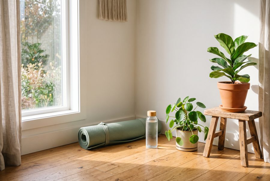 Yoga mat, water bottle and plants in sunny room corner, wellness lifestyle