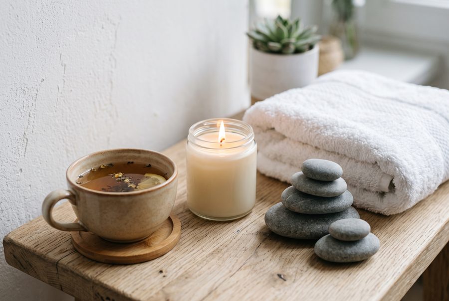 Spa still life with herbal tea, candle, smooth stones and white towel