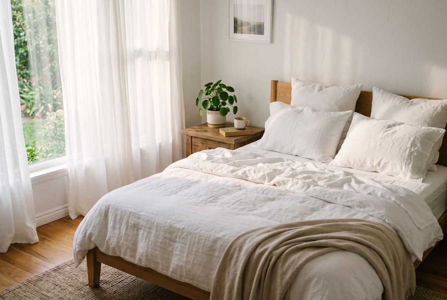 Cozy bed with white linen and soft morning light through sheer curtains