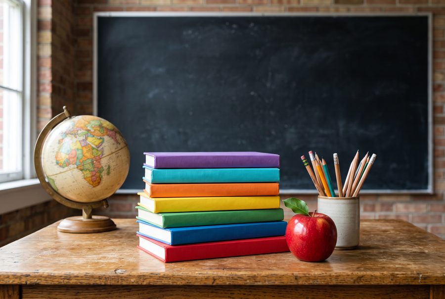 Stack of books, apple, pencils and globe on desk in front of blank chalkboard