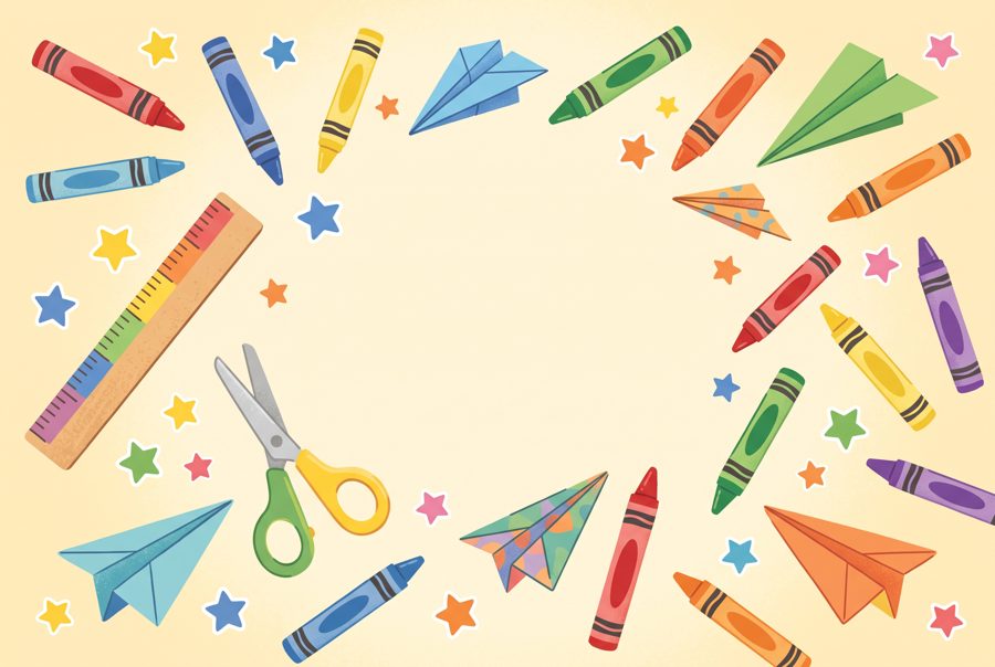 Scattered crayons, paper airplanes, ruler and star stickers, kids learning illustration
