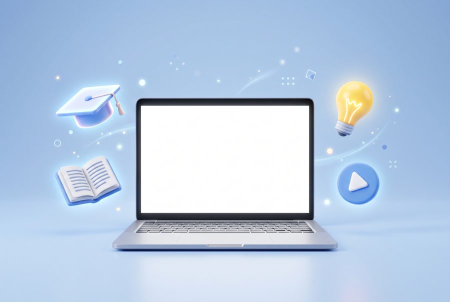 Laptop with floating graduation cap, book and light bulb icons, online learning concept