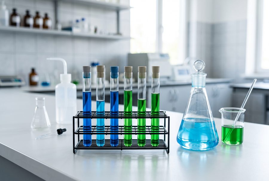Laboratory glassware with colorful liquids and test tubes on white bench