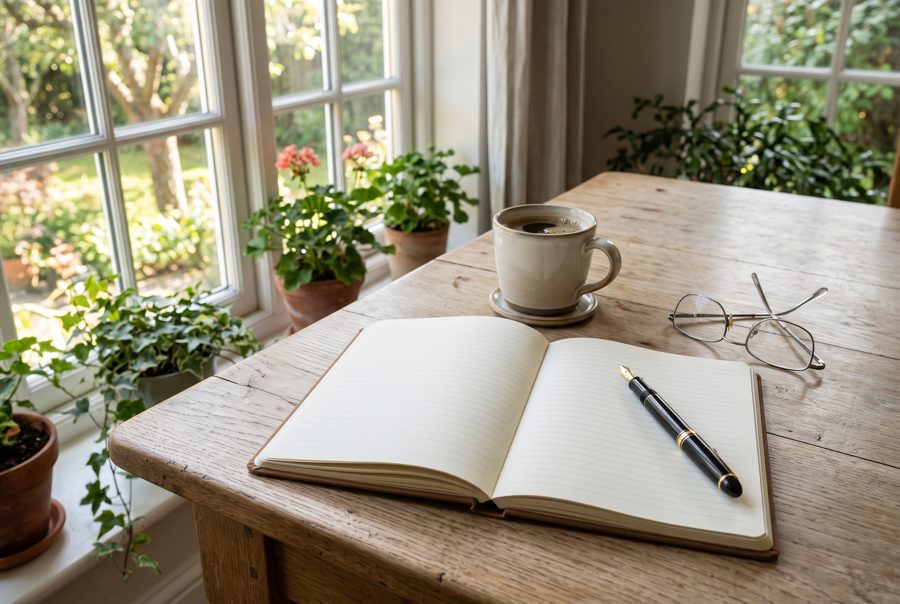 Open blank notebook with fountain pen, coffee and glasses on wooden table by window