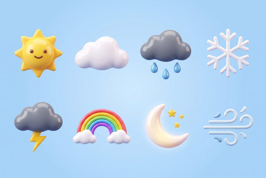 Set of 3D weather icons: sun, cloud, rain, snow, lightning, rainbow, moon, wind