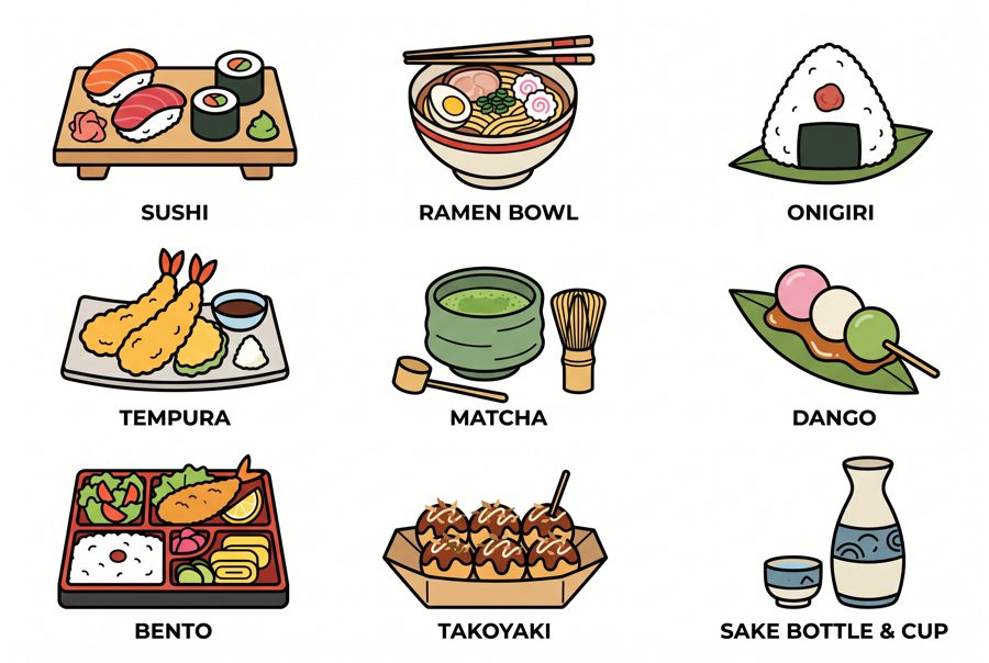 Set of flat Japanese food icons: sushi, ramen, onigiri, tempura, matcha, dango
