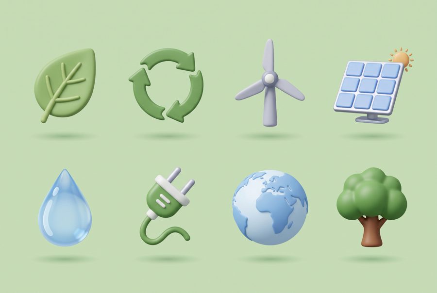Set of 3D eco icons: leaf, recycling, wind turbine, solar panel, water drop, tree