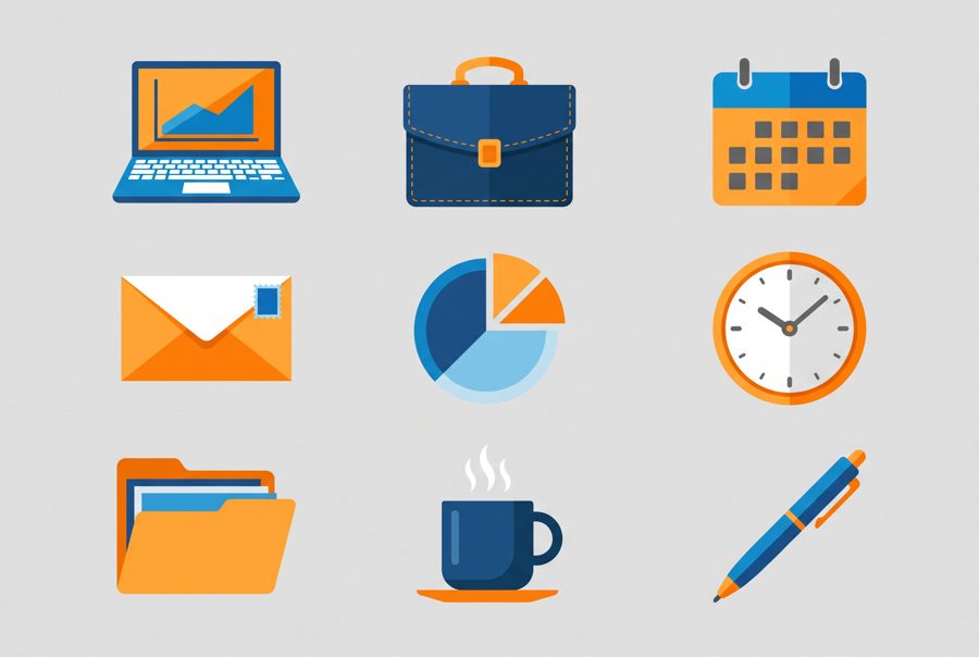 Set of flat office icons: laptop, briefcase, calendar, envelope, chart, clock, folder