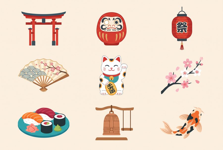 Set of flat Japanese culture icons: torii, daruma, lantern, fan, lucky cat, cherry blossom